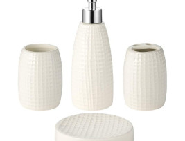 Kerámia fürdőszobai szett - kerek, bézs színben / 4 db-os - fogkefetartó, fogmosópohár, szappanadagoló és szappantartó
