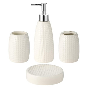 Kerámia fürdőszobai szett - kerek, bézs színben / 4 db-os - fogkefetartó, fogmosópohár, szappanadagoló és szappantartó
