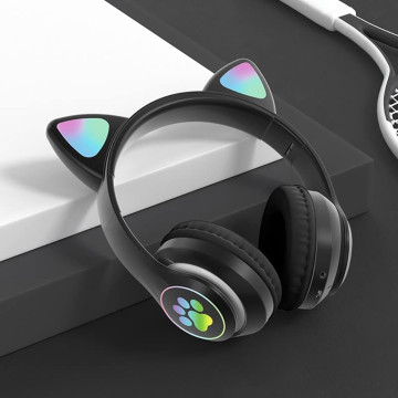 CatEar Bluetooth fülhallgató/ mikrofon LED fényekkel / cicafülekkel / Fekete/ mancs mintával 