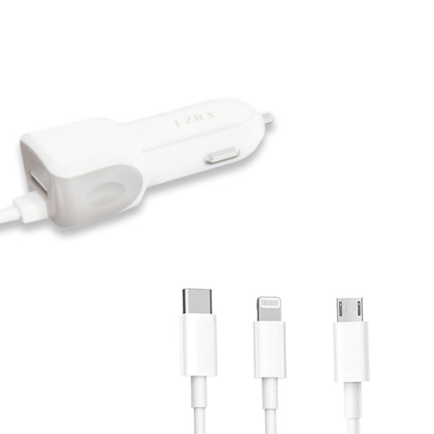 Ezra 3 az 1-ben autós töltő - szivargyújtóba csatlakoztatható / Lightning, Type-C, Micro USB csatlakozókkal + USB bemenettel (CR11)