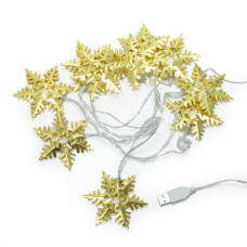 Ünnepi dekorációs LED fényfüzér - meleg fehér, arany hópelyhek, USB csatlakozóval / 2 méter (922)