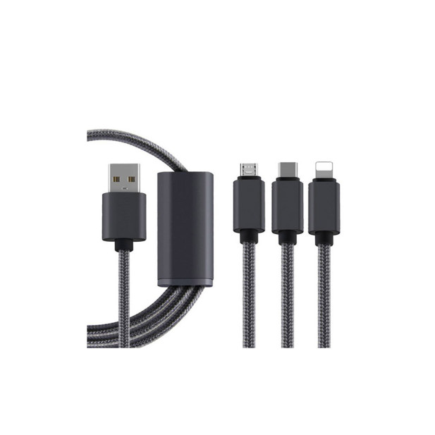 3 az 1-ben megtörhetetlen USB töltőkábel - Micro USB, USB C és Lightning csatlakozóval