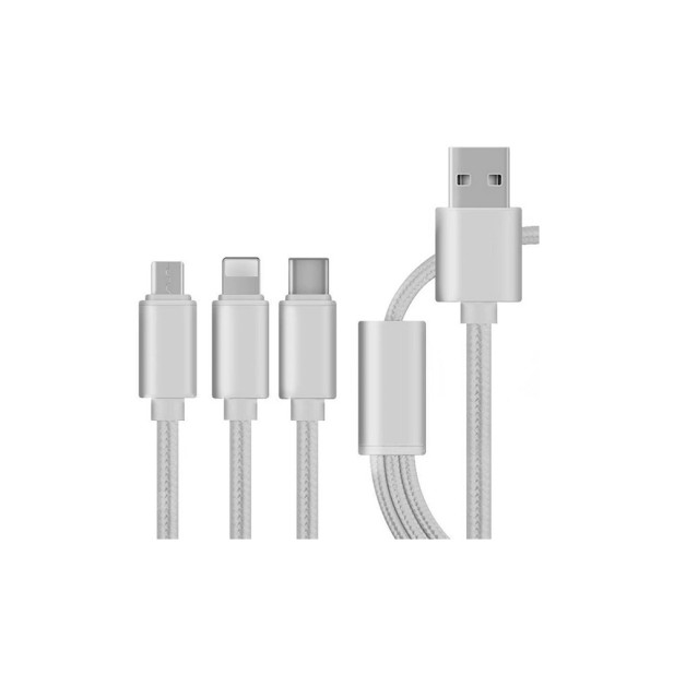 3 az 1-ben megtörhetetlen USB töltőkábel - Micro USB, USB C és Lightning csatlakozóval