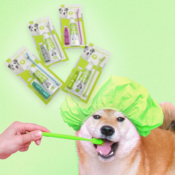 Kétoldalú fogkefe kutyáknak, ujjra húzható fogtisztítókkal és fogkrémmel