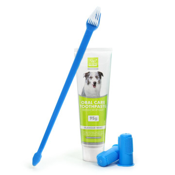 Kétoldalú fogkefe kutyáknak, ujjra húzható fogtisztítókkal és fogkrémmel
