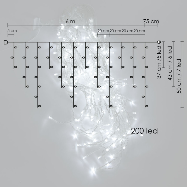 Dekorációs LED fényfüggöny, 200 LED, fehér vezeték, hideg fehér - 6 méter