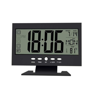 Hangra működő LCD kijelzős asztali óra - fekete