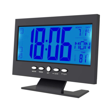 Hangra működő LCD kijelzős asztali óra - fekete