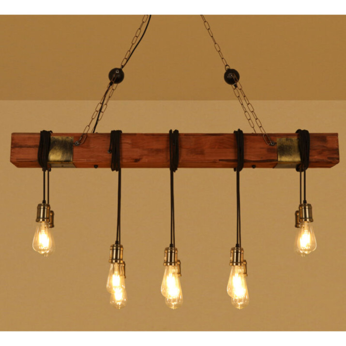 Loft stílusú fából készült nagyméretű függőlámpa 10 db LED körtével, szerelékekkel - 120 cm