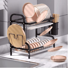 Elite® kétemeletes fémvázas edényszárító konyhai polc, csepegtető tálcával, fekete