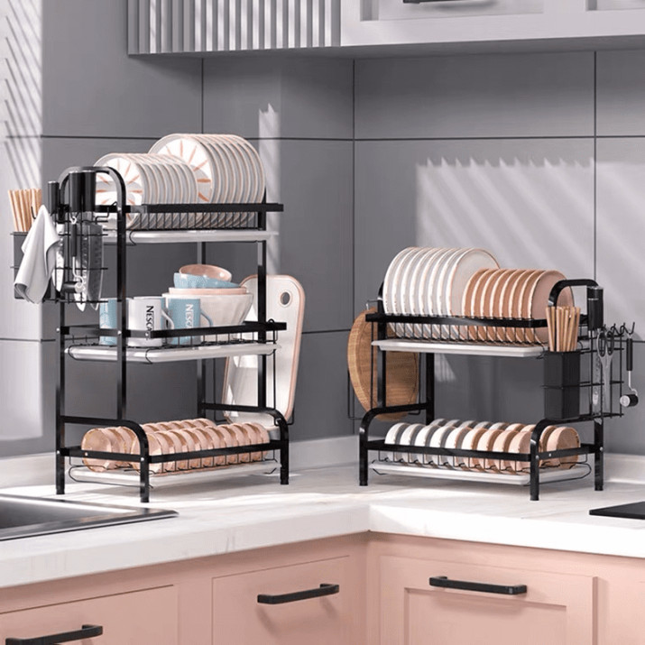 Elite® kétemeletes fémvázas edényszárító konyhai polc, csepegtető tálcával, fekete