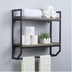 Elite® kétemeletes fekete fémvázas polc törölközőtartóval, fahatású lapokkal - 62 cm
