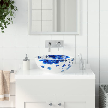Fehér-kék kerámia kerek asztali mosdó Φ41 x 14 cm - utánvéttel vagy ingyenes szállítással