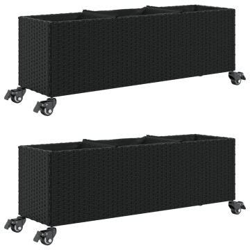 2 db fekete polyrattan növénytartó kerékkel 107x32x38 cm - utánvéttel vagy ingyenes szállítással