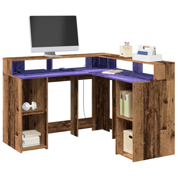 Antik fa színű szerelt fa íróasztal LED-ekkel 130 x 130 x 91 cm - utánvéttel vagy ingyenes szállítással