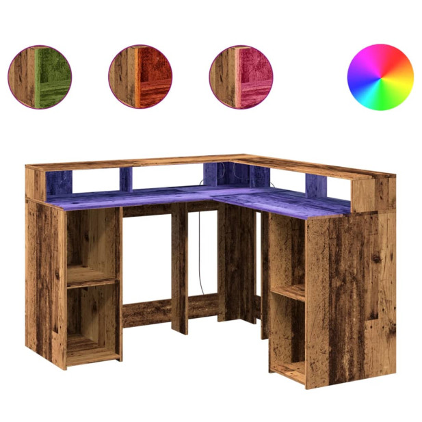 Antik fa színű szerelt fa íróasztal LED-ekkel 130 x 130 x 91 cm - utánvéttel vagy ingyenes szállítással