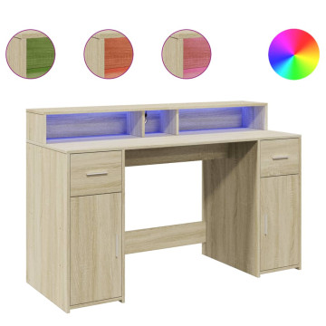 Sonoma tölgy színű szerelt fa íróasztal LED-ekkel 140x55x91 cm - utánvéttel vagy ingyenes szállítással