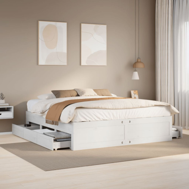 Fehér tömör fenyőfa fiókos ágykeret matrac nélkül 180 x 200 cm - utánvéttel vagy ingyenes szállítással