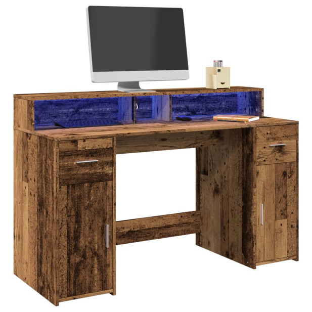 Antik fa színű szerelt fa íróasztal LED-ekkel 140 x 55 x 91 cm - utánvéttel vagy ingyenes szállítással