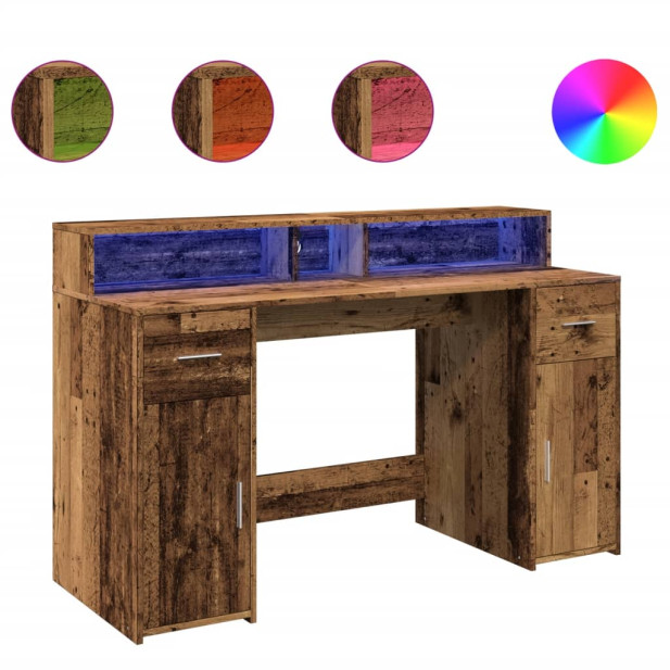 Antik fa színű szerelt fa íróasztal LED-ekkel 140 x 55 x 91 cm - utánvéttel vagy ingyenes szállítással