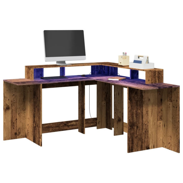 Antik fa színű szerelt fa íróasztal LED-ekkel 152 x 152 x 91 cm - utánvéttel vagy ingyenes szállítással