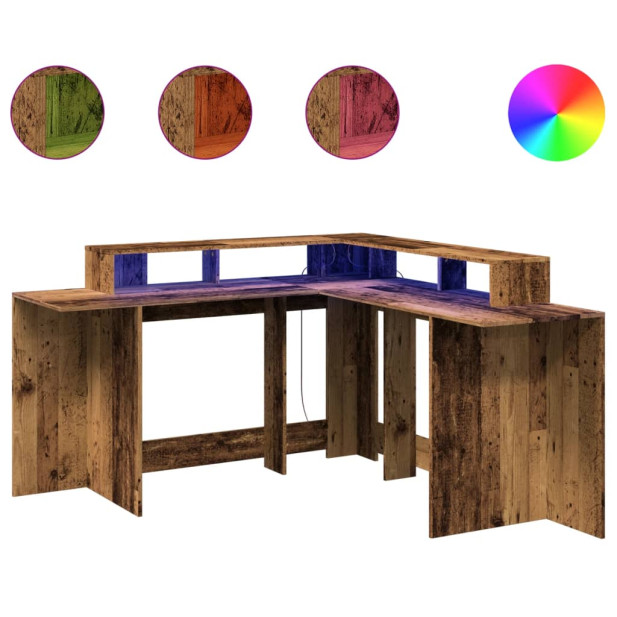 Antik fa színű szerelt fa íróasztal LED-ekkel 152 x 152 x 91 cm - utánvéttel vagy ingyenes szállítással