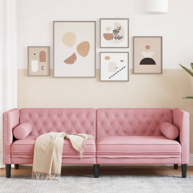 3 személyes rózsaszín bársony Chesterfield kanapé párnákkal - utánvéttel vagy ingyenes szállítással