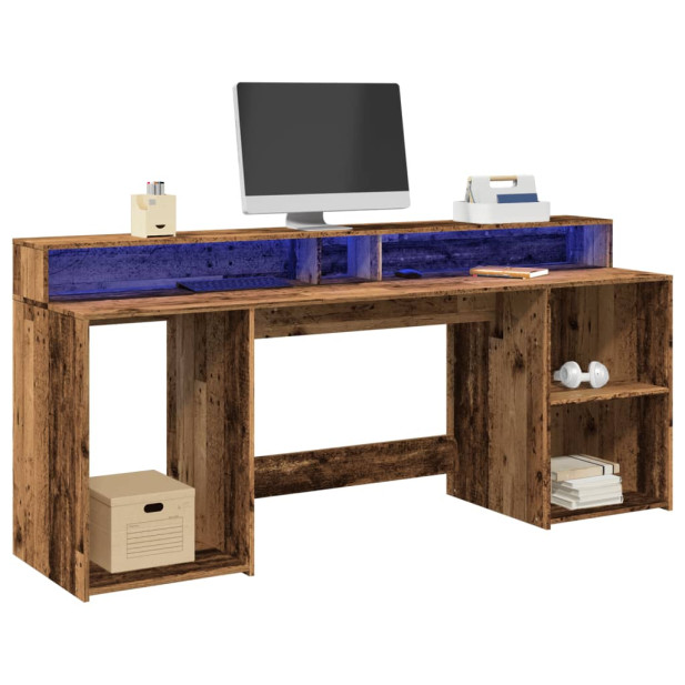 Antik fa színű szerelt fa íróasztal LED-ekkel 200 x 55 x 91 cm - utánvéttel vagy ingyenes szállítással
