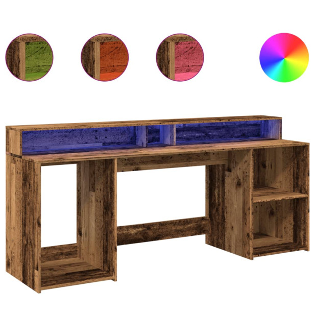 Antik fa színű szerelt fa íróasztal LED-ekkel 200 x 55 x 91 cm - utánvéttel vagy ingyenes szállítással