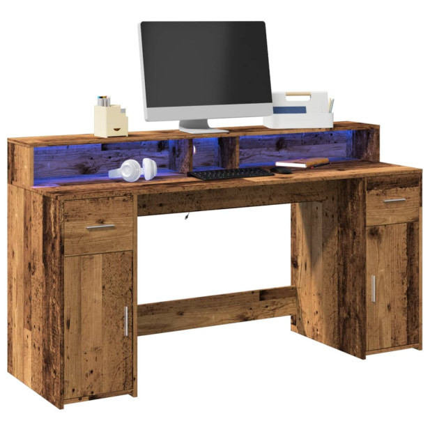 Antik fa színű szerelt fa íróasztal LED-ekkel 160 x 55 x 91 cm - utánvéttel vagy ingyenes szállítással