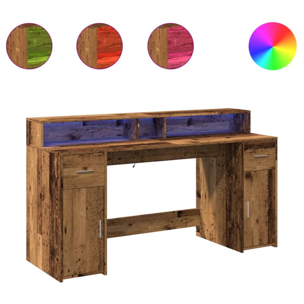 Antik fa színű szerelt fa íróasztal LED-ekkel 160 x 55 x 91 cm - utánvéttel vagy ingyenes szállítással