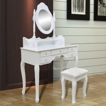 7 fiókos fehér fésülködőasztal tükörrel és zsámollyal - utánvéttel vagy ingyenes szállítással