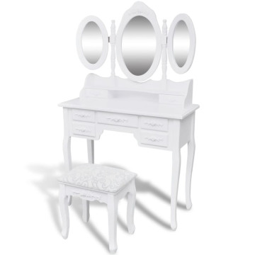 Fehér fésülködőasztal 3 tükörrel és zsámollyal - utánvéttel vagy ingyenes szállítással