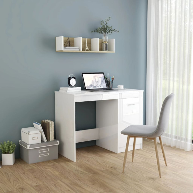 Magasfényű fehér szerelt fa íróasztal 100 x 50 x 76 cm - utánvéttel vagy ingyenes szállítással