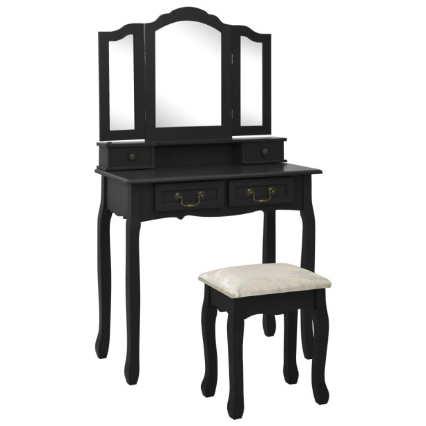 Fekete császárfa fésülködőasztal-szett ülőkével 80x69x141 cm - utánvéttel vagy ingyenes szállítással