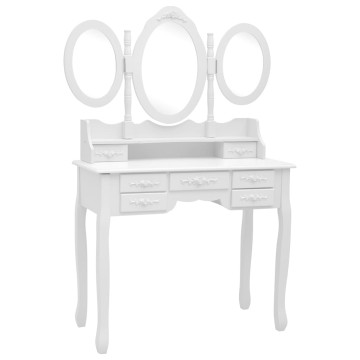 Fehér fésülködőasztal ülőkével és háromrészes tükörrel - utánvéttel vagy ingyenes szállítással