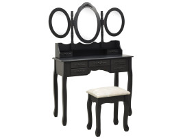 Fekete fésülködőasztal ülőkével és háromrészes tükörrel - utánvéttel vagy ingyenes szállítással