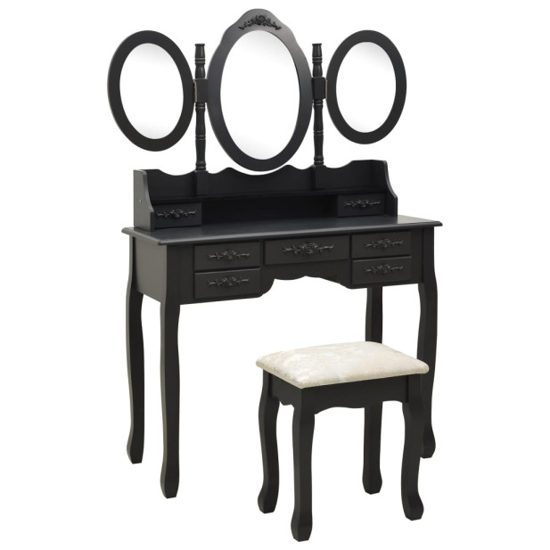 Fekete fésülködőasztal ülőkével és háromrészes tükörrel - utánvéttel vagy ingyenes szállítással