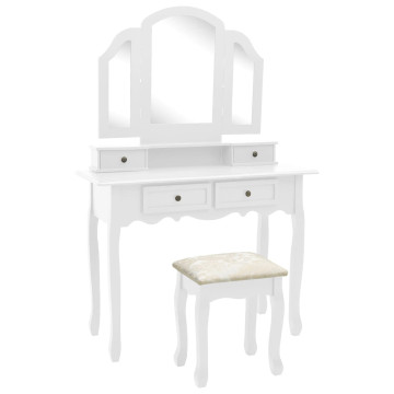 Fehér császárfa fésülködőasztal-szett ülőkével 100x40x146 cm - utánvéttel vagy ingyenes szállítással