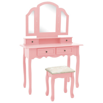 Rózsaszín császárfa fésülködőasztal-szett ülőkével 100x40x146cm - utánvéttel vagy ingyenes szállítással