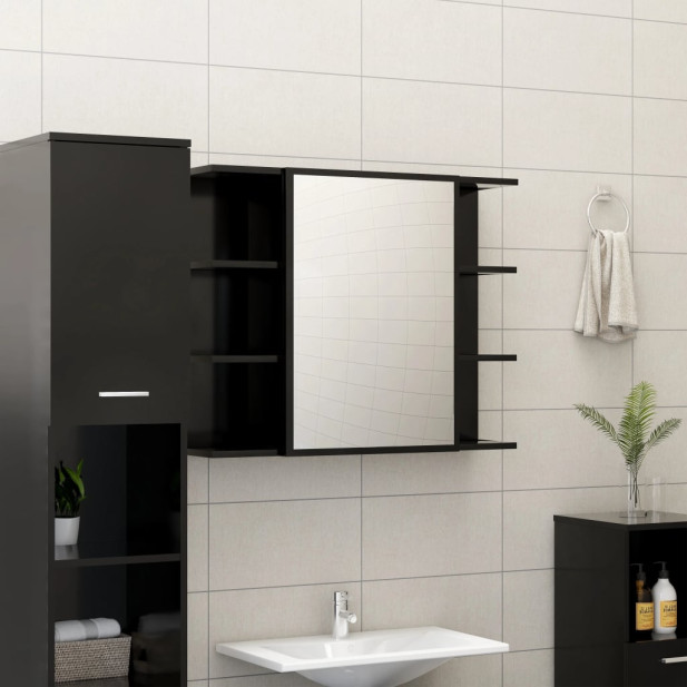Fekete szerelt fa fürdőszobai tükör 80 x 20,5 x 64 cm - utánvéttel vagy ingyenes szállítással