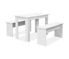 Fehér 3 részes faforgácslap étkezőasztal és pad szett - utánvéttel vagy ingyenes szállítással