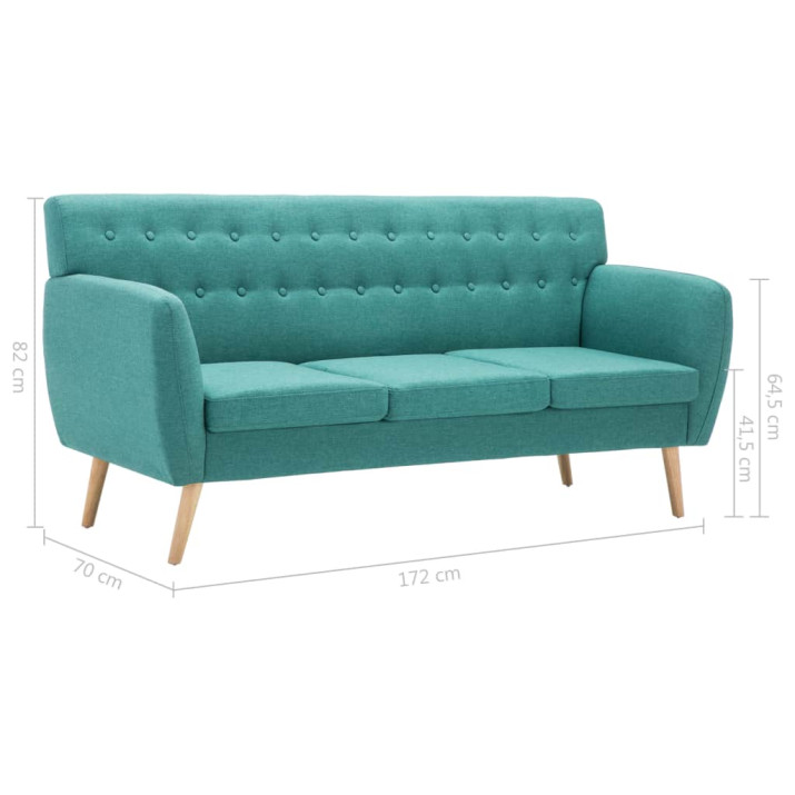 3 személyes zöld kárpitos kanapé 172 x 70 x 82 cm - utánvéttel vagy ingyenes szállítással