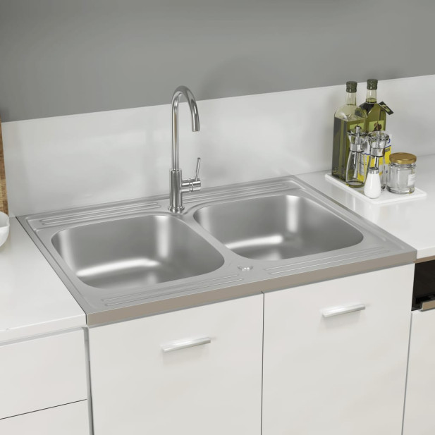 Ezüst rozsdamentes acél dupla konyhamosogató 800 x 600 x 155 mm - utánvéttel vagy ingyenes szállítással