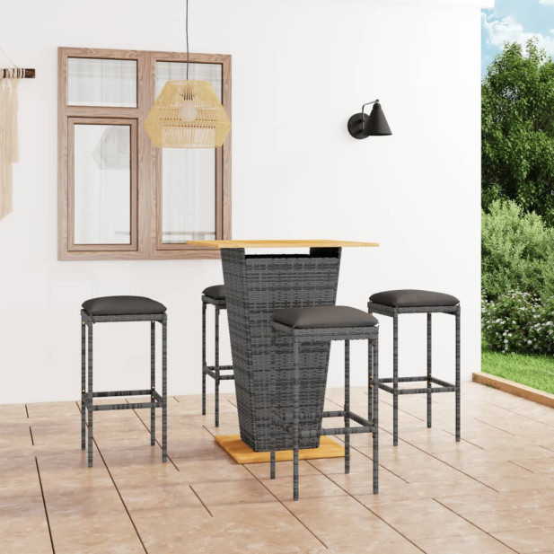 5 darabos szürke polyrattan kerti bárszett párnákkal - utánvéttel vagy ingyenes szállítással