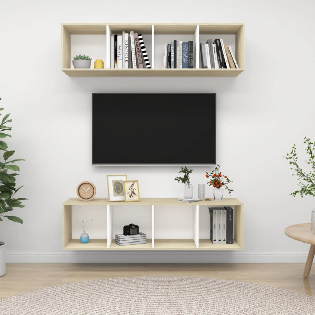 2 db fehér és tölgyszínű szerelt fa fali TV-szekrény - utánvéttel vagy ingyenes szállítással
