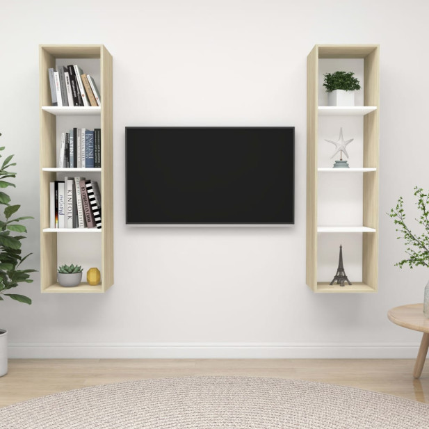 2 db fehér és tölgyszínű szerelt fa fali TV-szekrény - utánvéttel vagy ingyenes szállítással