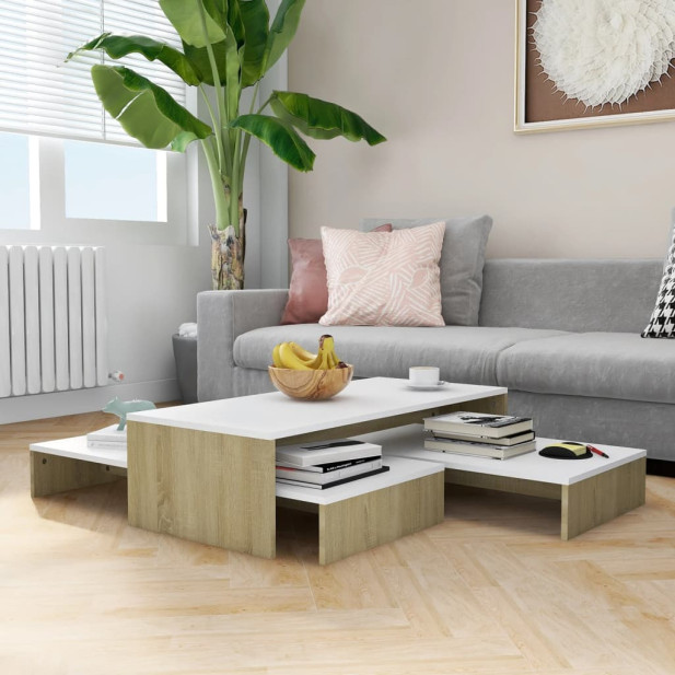 Fehér és sonoma rakásolható dohányzóasztalszett 100x100x26,5 cm - utánvéttel vagy ingyenes szállítással