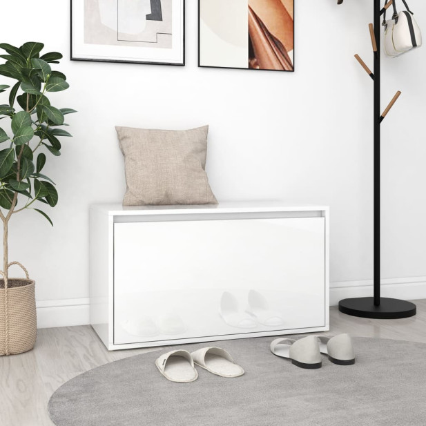 Magasfényű fehér forgácslap előszoba pad 80 x 40 x 45 cm - utánvéttel vagy ingyenes szállítással
