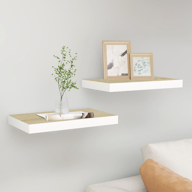 2 db tölgyszínű és fehér MDF lebegő fali polc 50 x 23 x 3,8 cm - utánvéttel vagy ingyenes szállítással